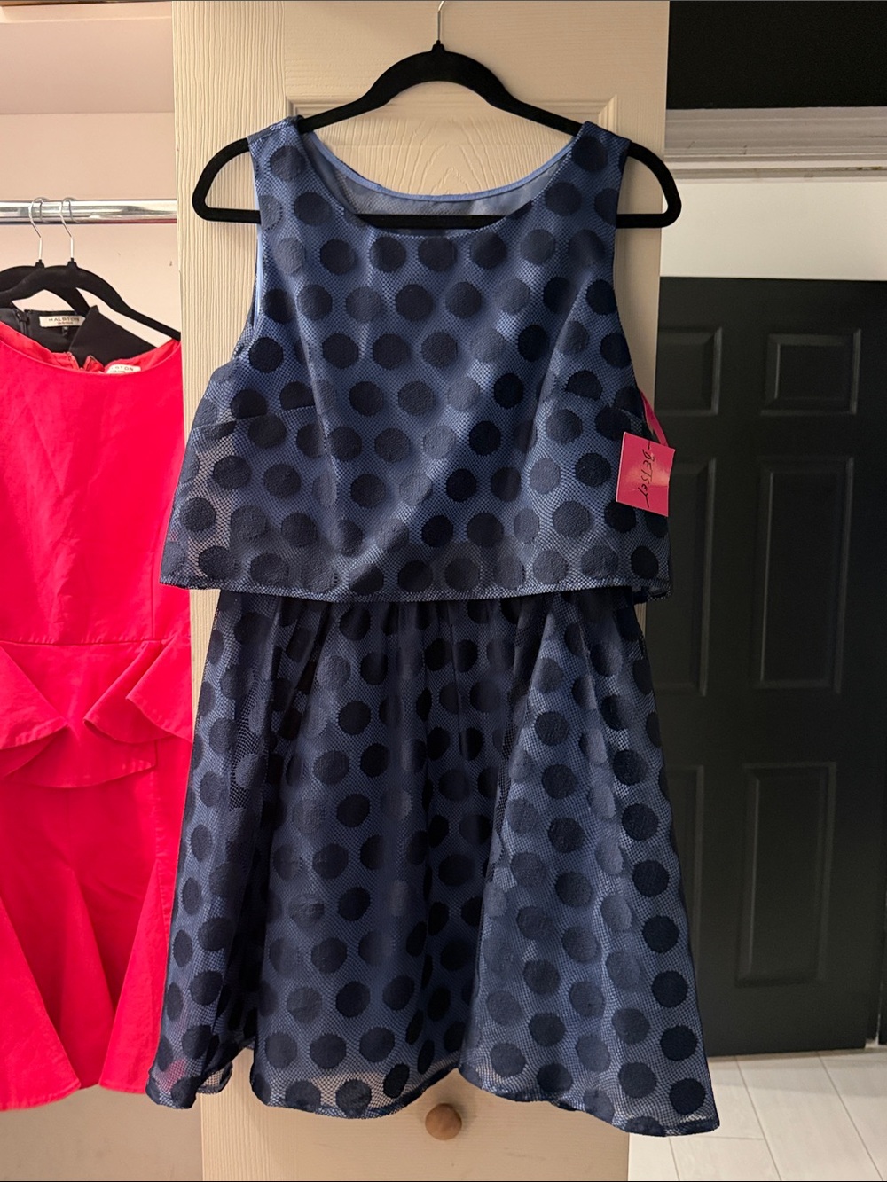BETSEY JOHNSON Dress A-Line Sleeveless Polka Dot Lace Popover Blue Sizes 6 10